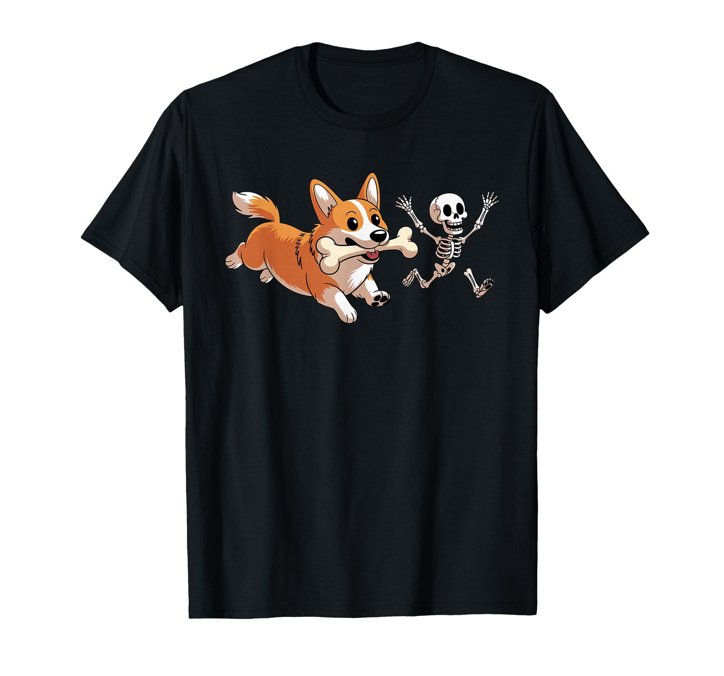 Funny Skeleton Chasing Corgi Halloween Dog Mom Pet Lover T-Shirt