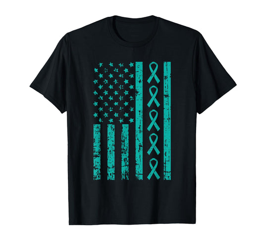 American Flag Teal Ribbon Cool Ovarian Cancer Awareness Gift T-Shirt