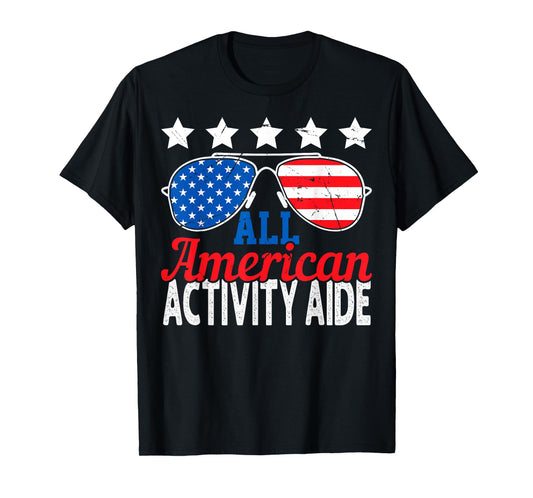 All American Activity Aide USA Flag Sunglasses 4th of July T-Shirt for Women Men