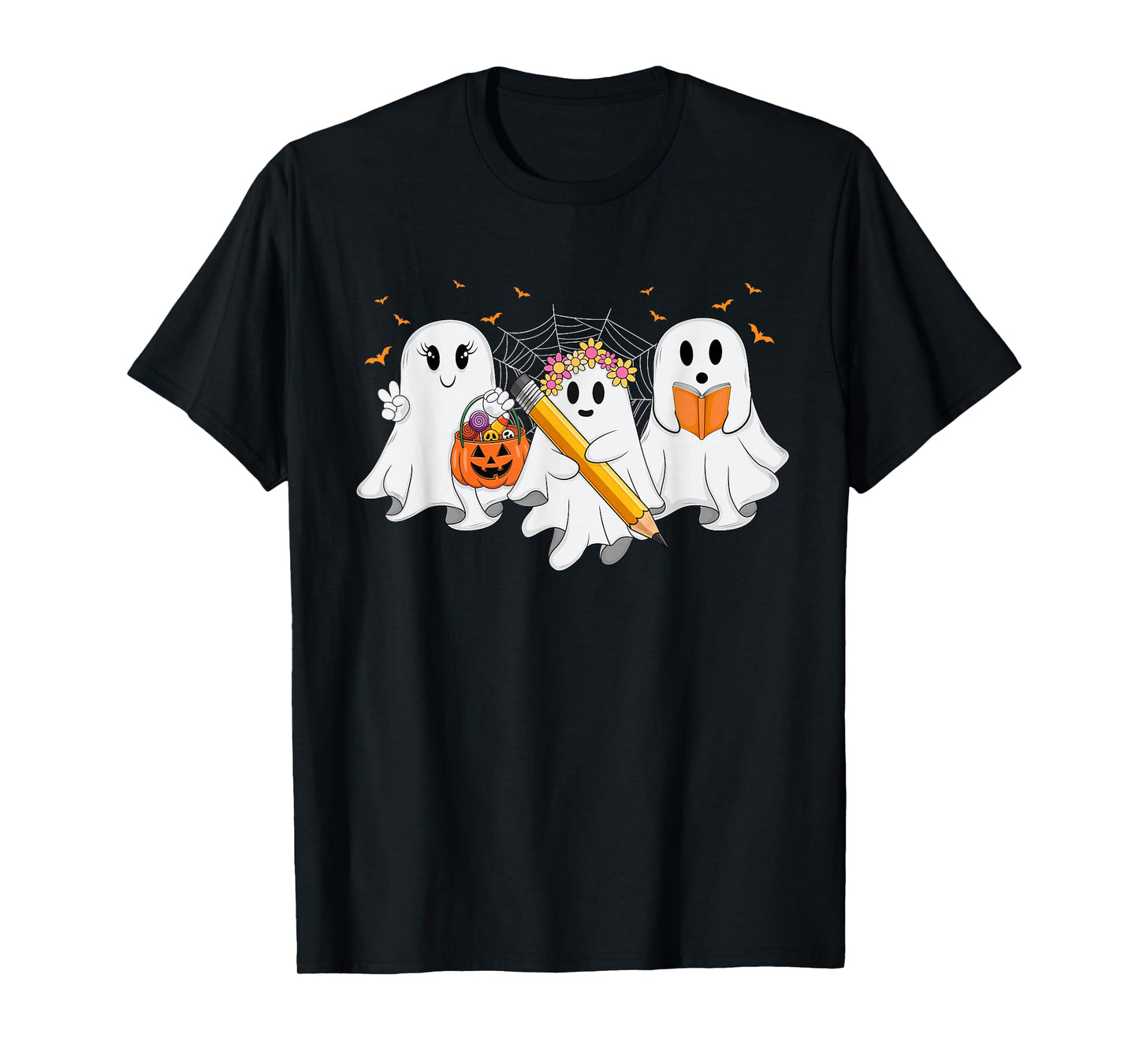 Trick Or Teach Floral Ghost Halloween Women Girls Teacher T-Shirt