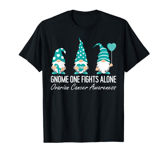 Ovarian Cancer Awareness Gnome One Fights Alone Teal Ribbon T-Shirt