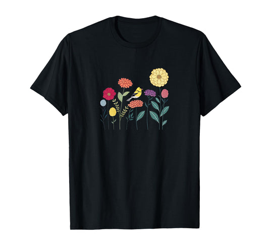 Cute Goldfinch in Colorful Zinnia Flower Garden T-Shirt