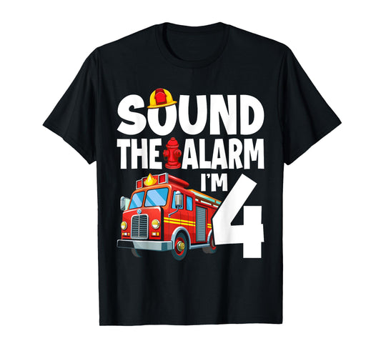 Fire Truck 4th Birthday Boy Firefighter 4 Year Old T-Shirt