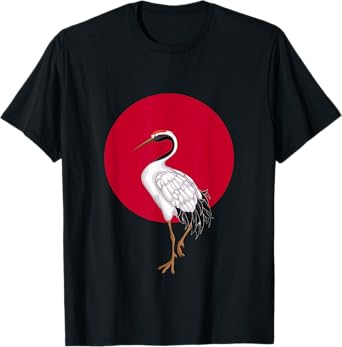 Cool Japan Flag Red Dot With Red Crowned Crane Japanese Bird T-Shirt
