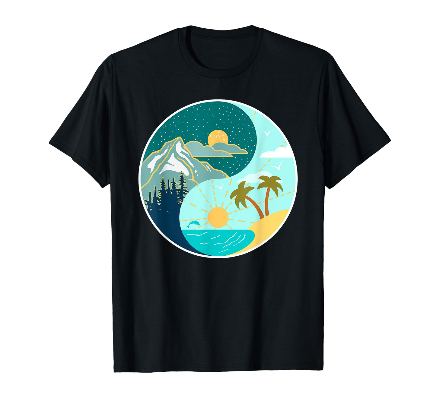 Ying Yang Mountains and Beach Landscape design Men Women Kids T-Shirt