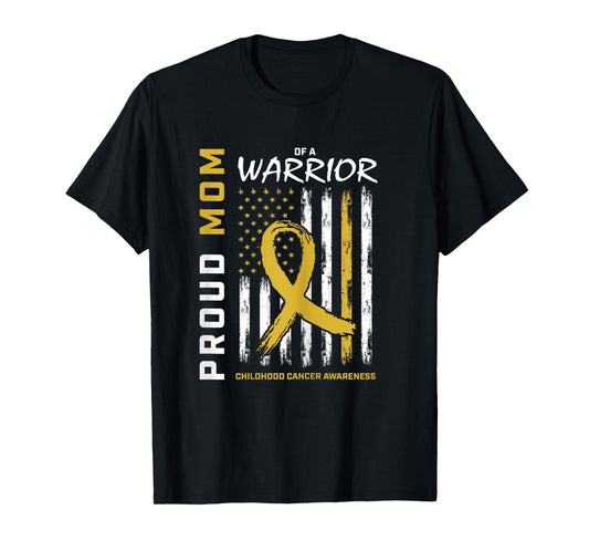Gold Proud Mom of a Warrior Childhood Cancer Awareness Flag T-Shirt