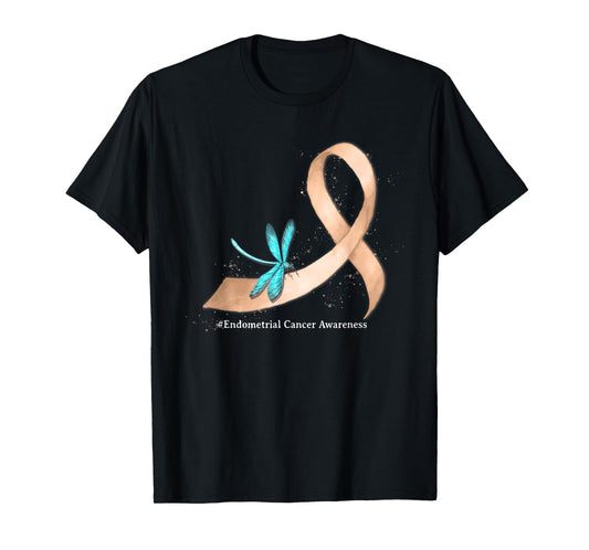 Hippie Dragonfly Peach Ribbon Endometrial Cancer Awareness T-Shirt