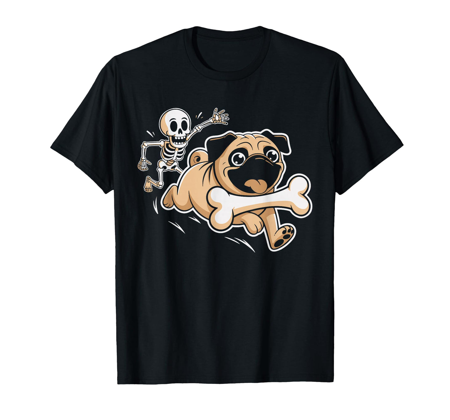 Funny Pug Dog Steals Bone from Skeleton Spooky Halloween T-Shirt