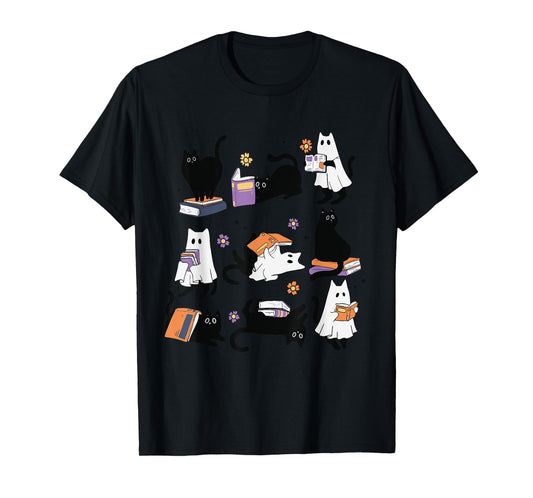 Halloween Ghost Black Cat Reading Book Costume T-Shirt for Men Women Kids