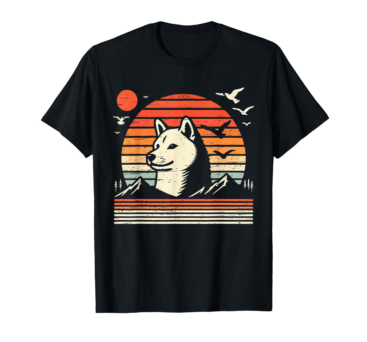 Vintage Shiba Inu Sunset Mountains Birds T-Shirt
