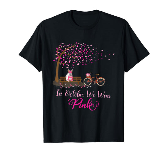 In October We Wear Pink Rabbit Fall Leaves Breast Cancer T-Shirt