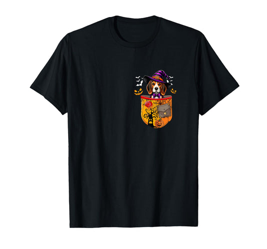 Beagle As Witch in Pocket Halloween Dog Owner Family T-Shirt