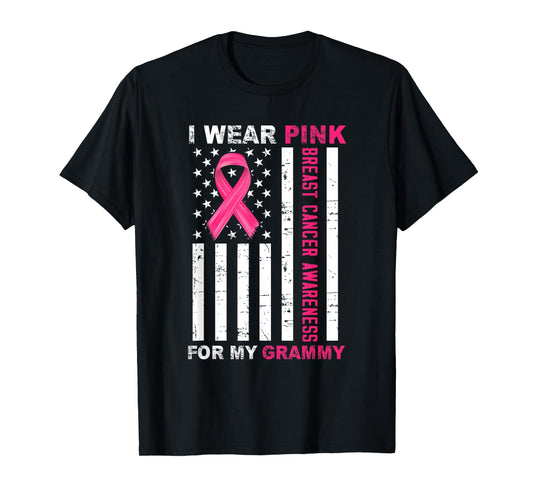 I Wear Pink For My Grammy Pink Ribbon Breast Cancer Us Flag T-Shirt