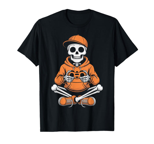 Cool Skeleton Gamer Video Gaming Night Funny Halloween Play T-Shirt