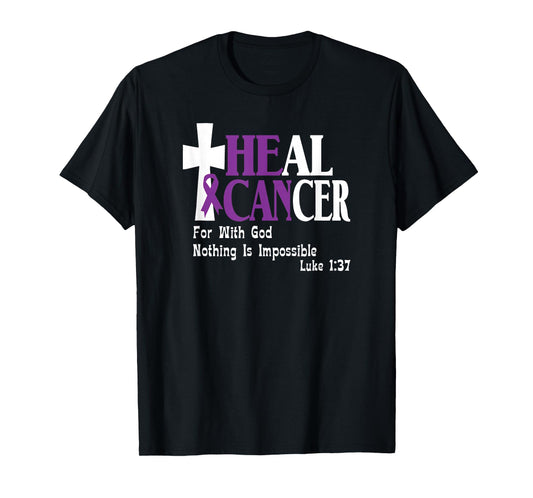 Jones Awareness Designs Pancreatic Cancer Survivor Purple Ribbon He Can Heal Cancer T-Shirt - Unisex-Adults, Black, 3X-Large, Short Sleeve, Classic Fit