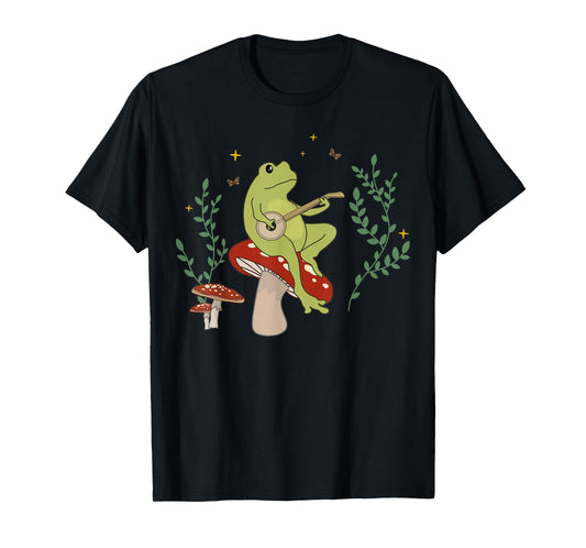 Cottagecore Aesthetic Cute Frog Playing Banjo on Mushroom T-Shirt