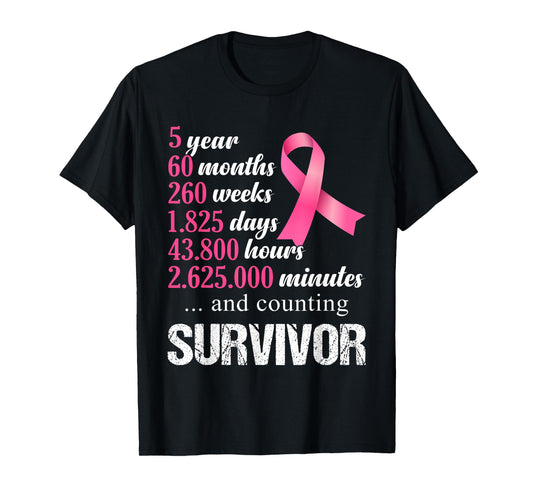 5 Year Survivor Breast Cancer Awareness Pink Ribbon T-Shirt