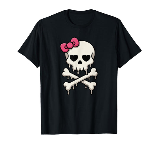 Cute Skull Pink Bow Dripping Crossbone Halloween Women Girls T-Shirt