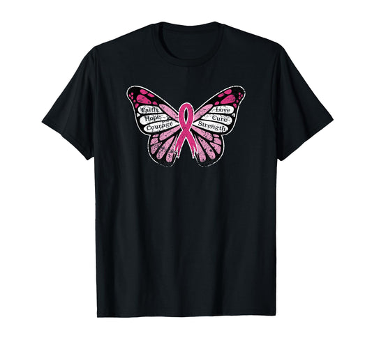 Vintage Breast Cancer Awareness Pink Ribbon Butterfly T-Shirt
