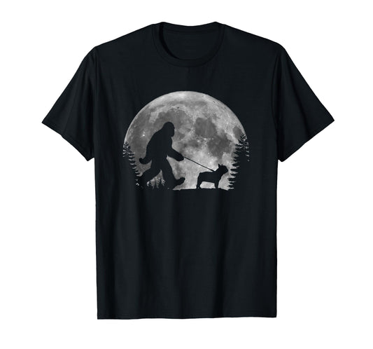Bigfoot Walking a Dog Funny Frenchie Lovers Moon Halloween T-Shirt