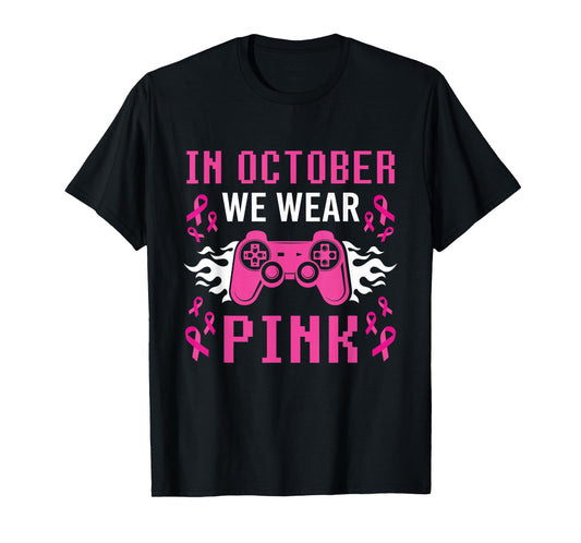 In October We Wear Pink Breast Cancer Gaming Kids Boys Youth T-Shirt