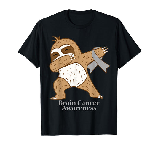 Brain Cancer Awareness Ribbon Dabbing Sloth Warrior Gift T-Shirt