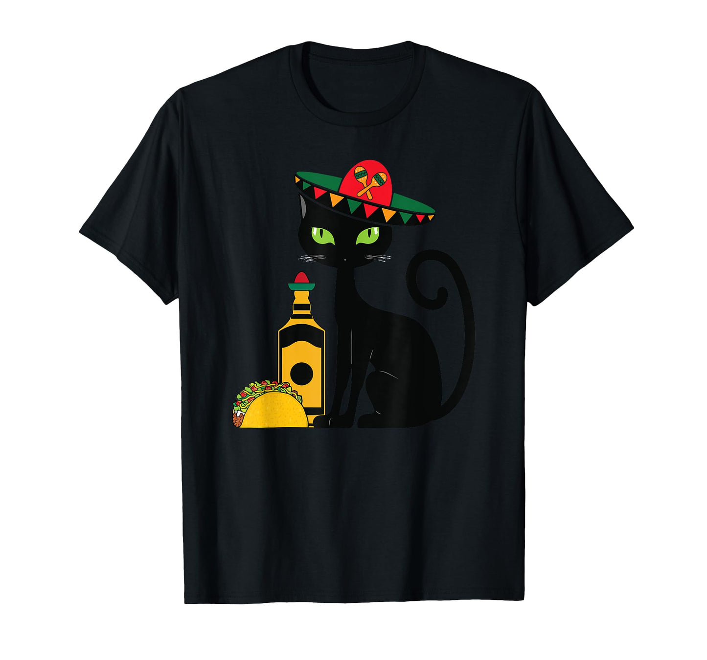 Cinco De Mayo Black Cat With Sombrero Tequila Funny T-Shirt for Men Women