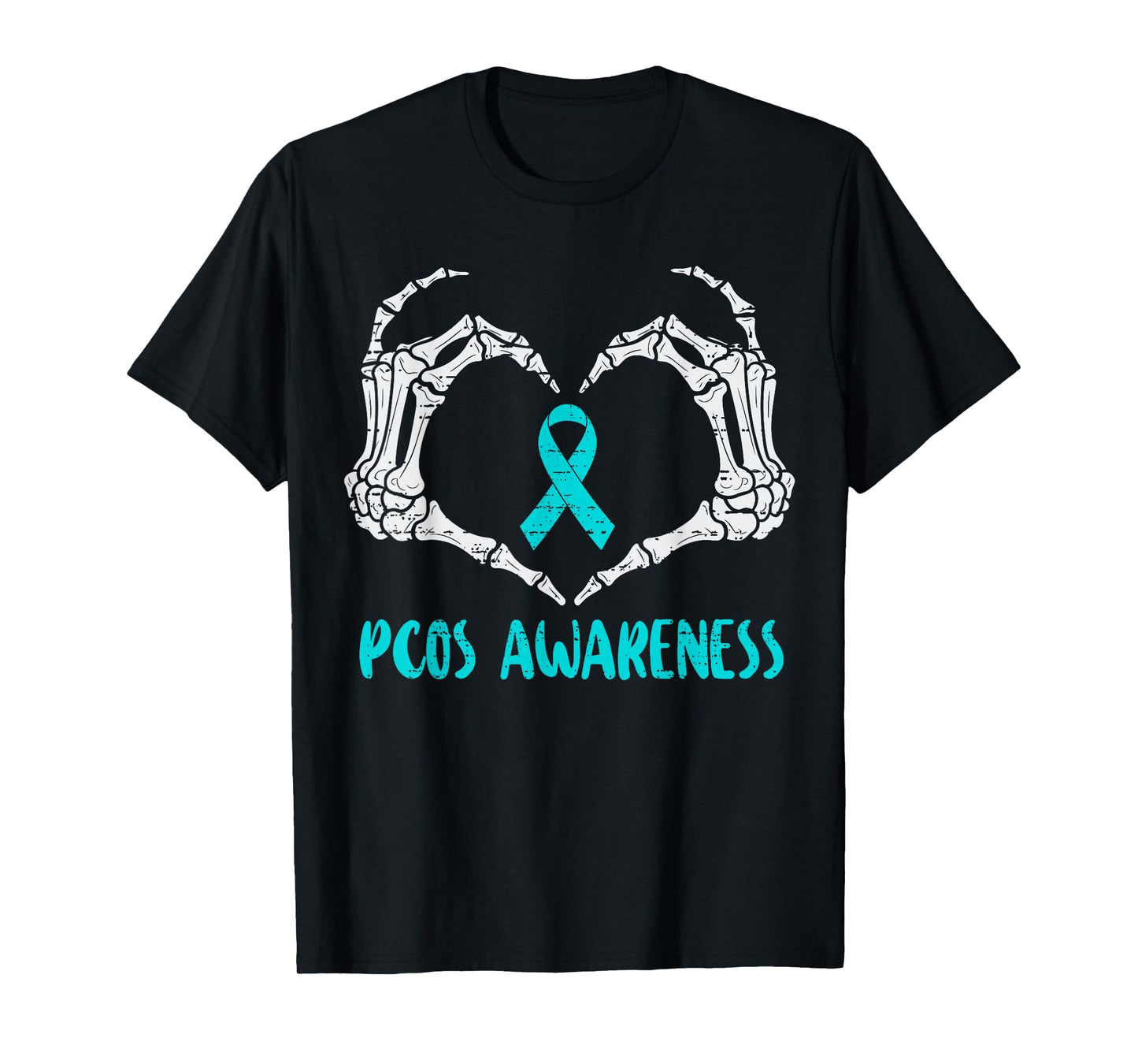 PCOS Awareness Skeleton Hand Heart Ribbon Teal Support T-Shirt