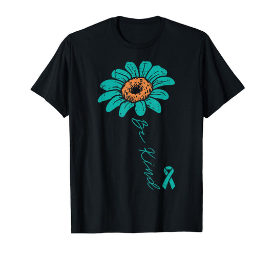 Sunflower Teal Ribbon Be Kind Ovarian Cancer Awareness Women T-Shirt