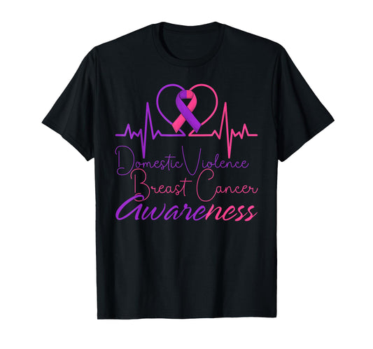 Domestic Violence Breast Cancer Awareness Ribbon Heartbeat T-Shirt