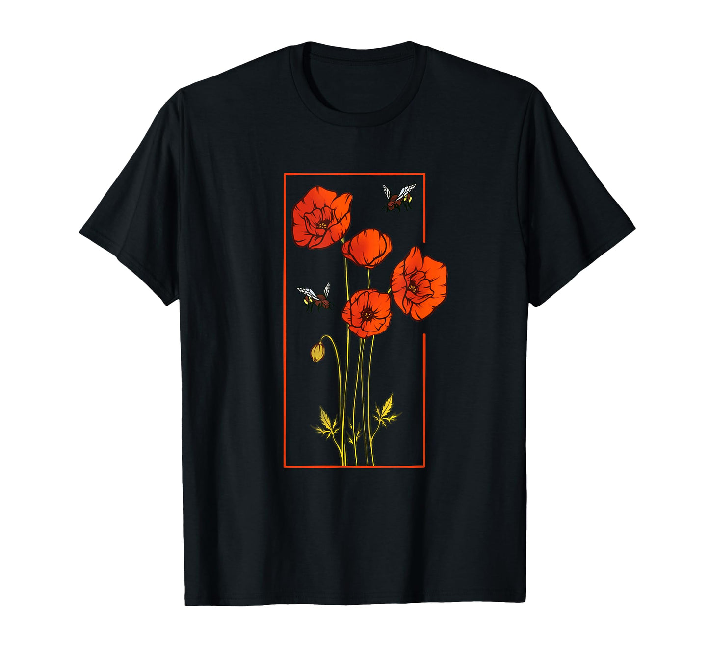 Floral Poppy Poppies Flower with Bees Wildflower T-Shirt