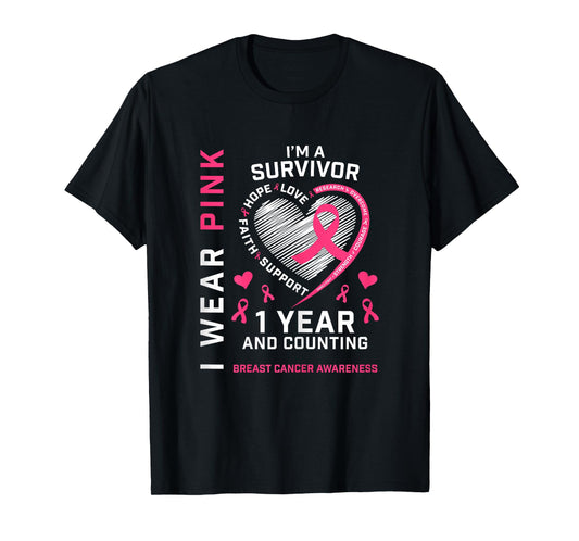 1 Year Cancer Free Mom Pink Awareness Breast Cancer Survivor T-Shirt