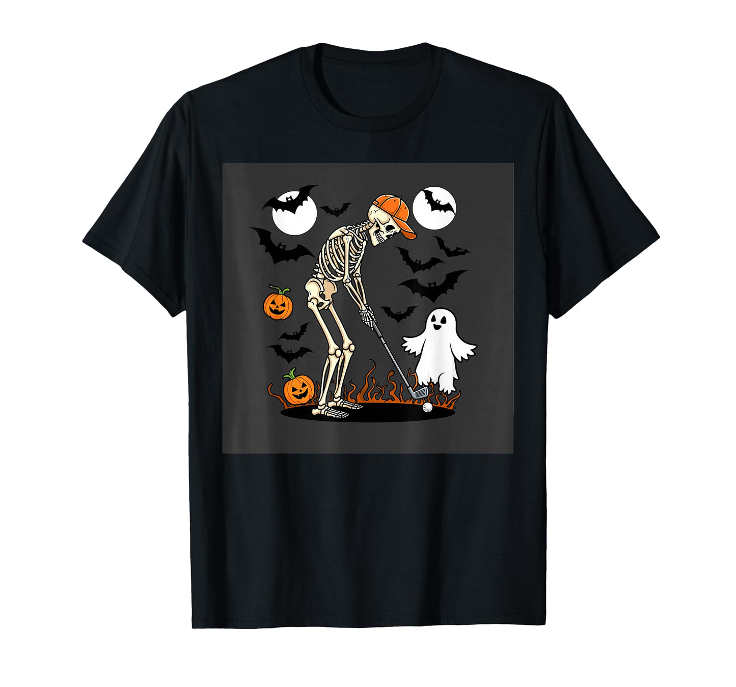 Halloween Skeleton Golfing Pumpkin Ghost Scene T-Shirt