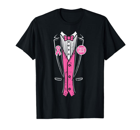 Pink Ribbon Tuxedo Breast Cancer Awareness Men Boys T-Shirt