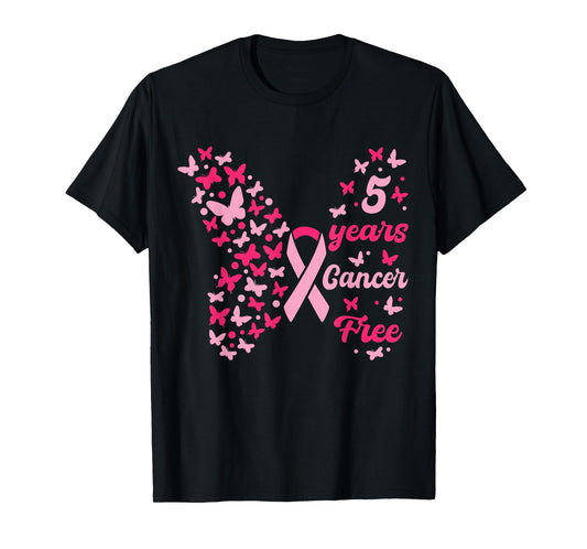 5 Year Cancer Free Breast Cancer Awareness Butterfly Women T-Shirt