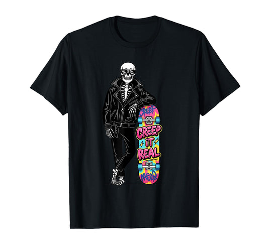 Creep It Real Spooky Season Skeleton Skateboarder Halloween T-Shirt