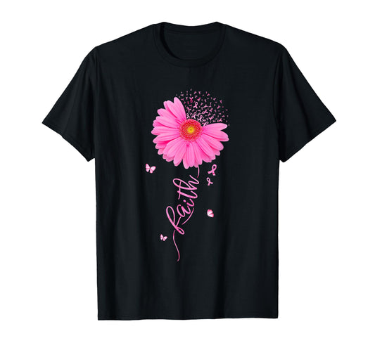 Faith Pink Ribbon Daisy Flower Breast Cancer Awareness Women T-Shirt