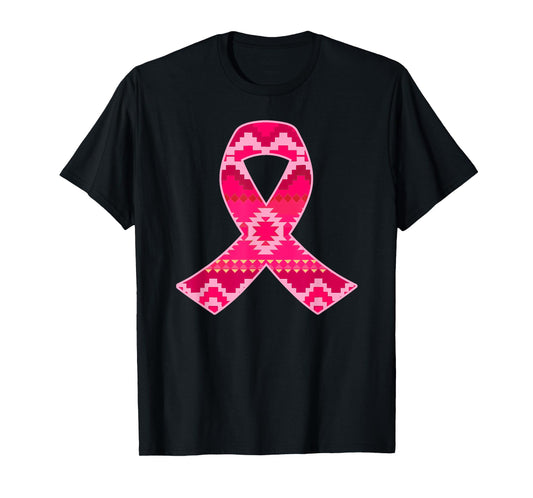 Pink Geometric Aztec Pattern Breast Cancer Awareness Ribbon T-Shirt