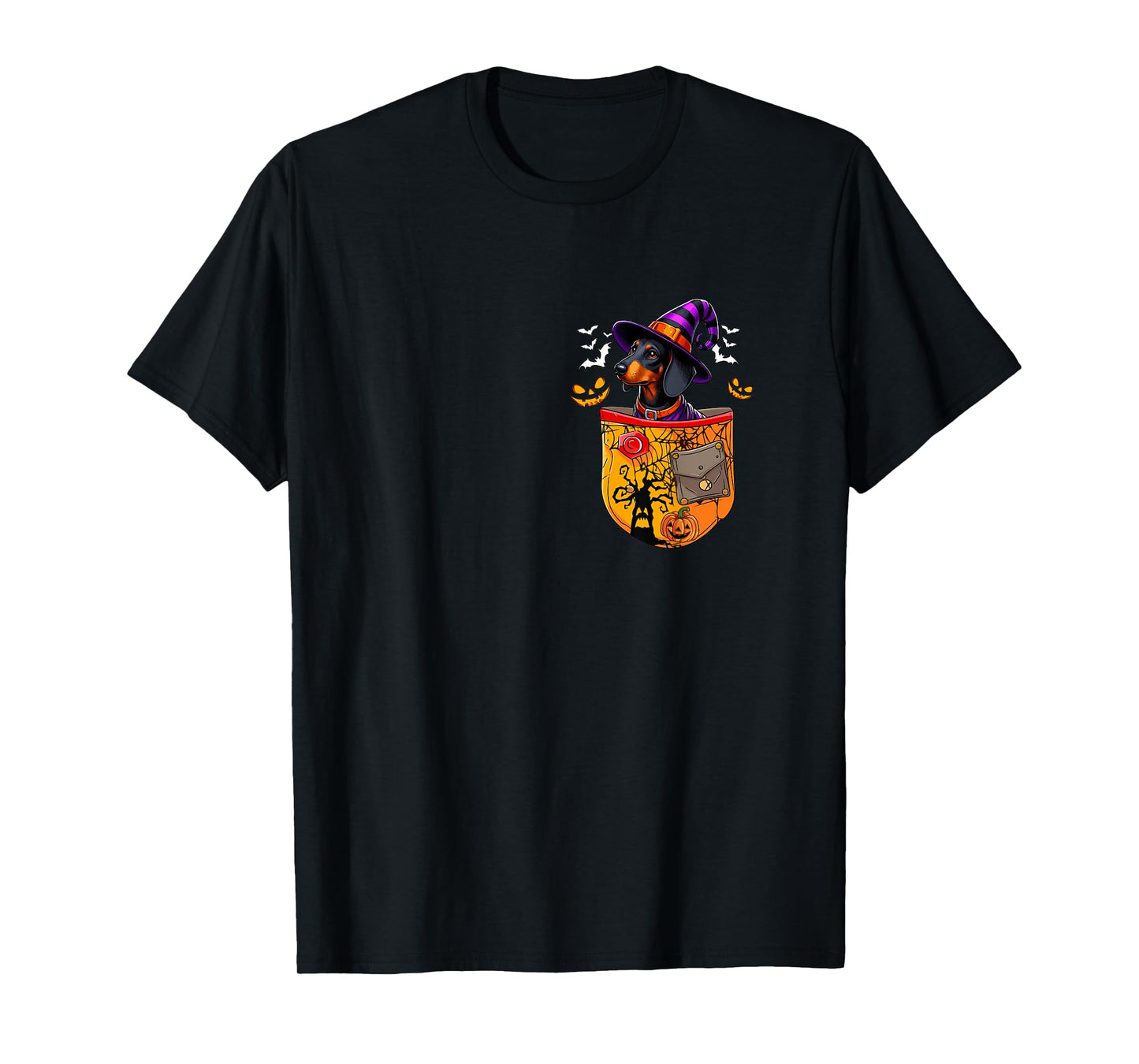 Dachshund As Witch in Pocket Halloween Dog Owner Family T-Shirt
