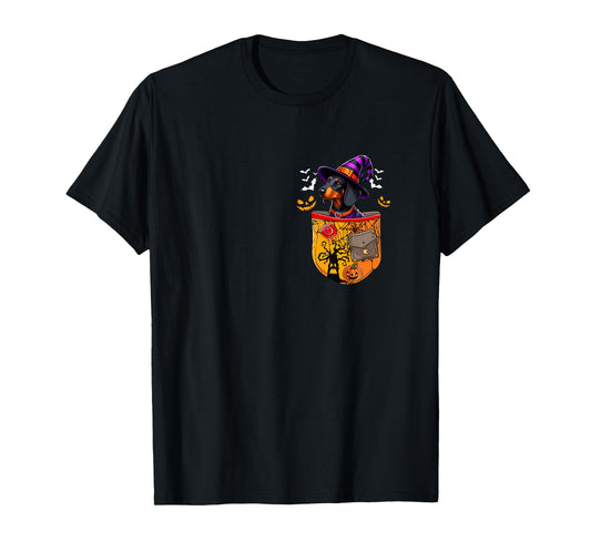 Dachshund As Witch in Pocket Halloween Dog Owner Family T-Shirt