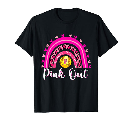 Pink Out Softball Lover Rainbow Breast Cancer Awareness T-Shirt