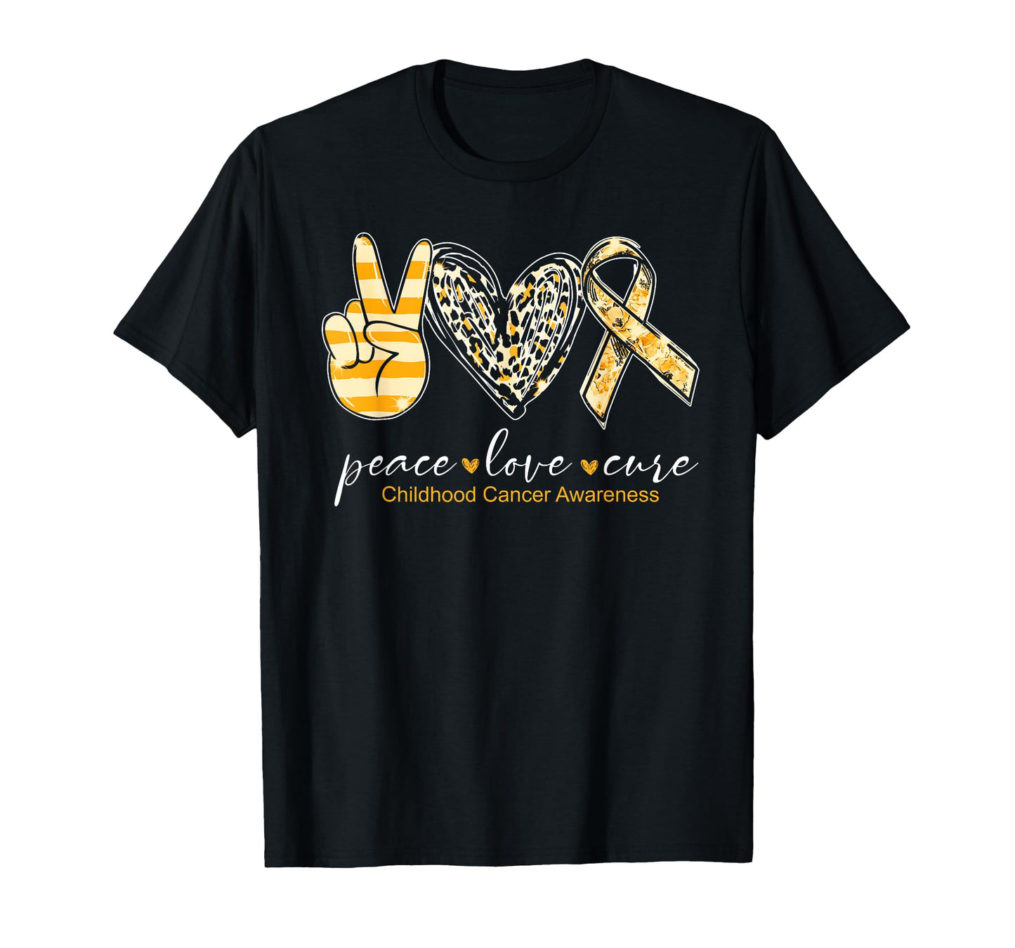 Peace Love Cure Gold Heart Ribbon Childhood Cancer Awareness T-Shirt