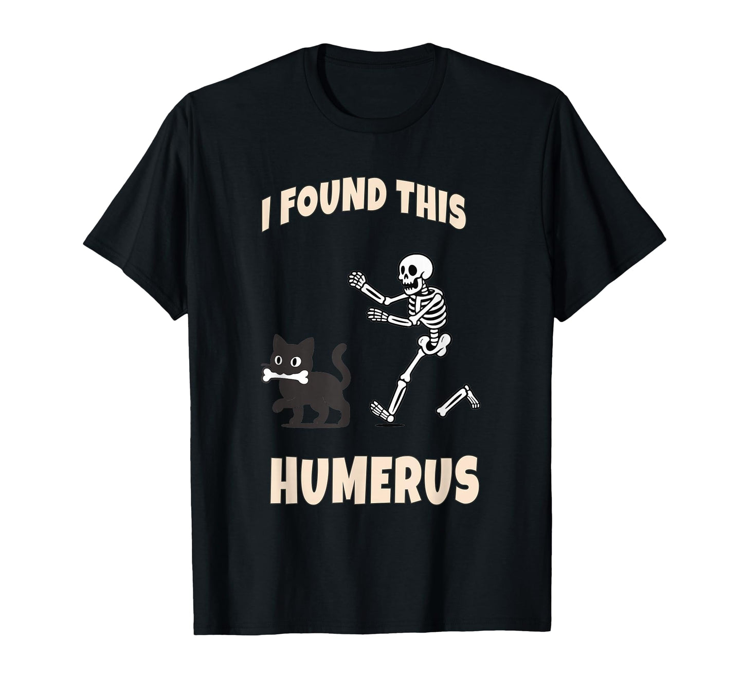 Skeleton Humerus Chasing Black Cat Halloween T-Shirt