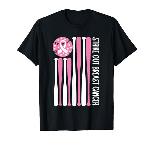 Strike Out Breast Cancer Baseball Lover Pink American Flag T-Shirt