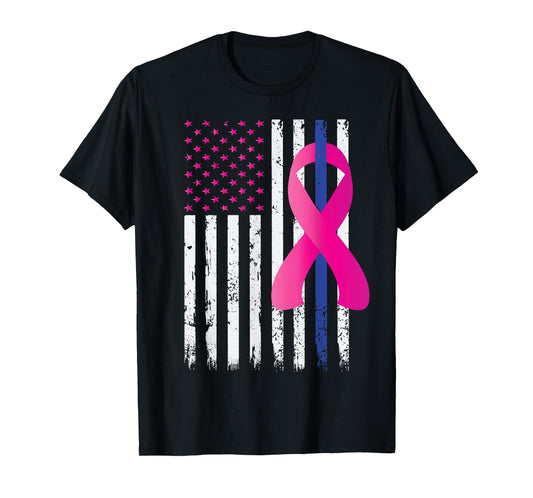 Breast Cancer Awareness Thin Blue Line Vintage Police Flag T-Shirt