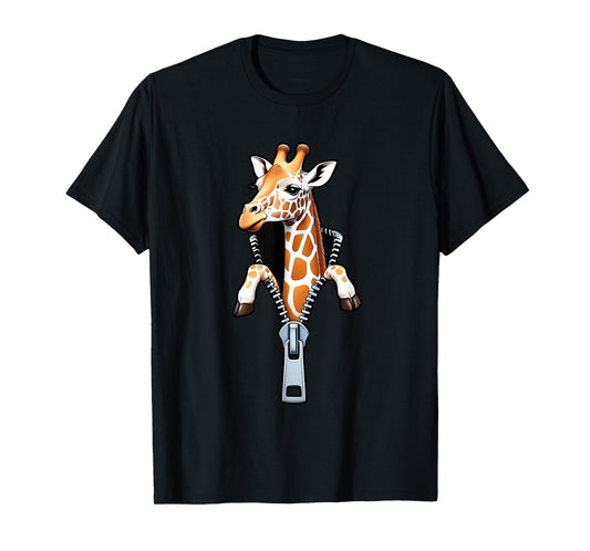 Cute Giraffe Emerging from A Zipper Funny Animal Design T-Shirt