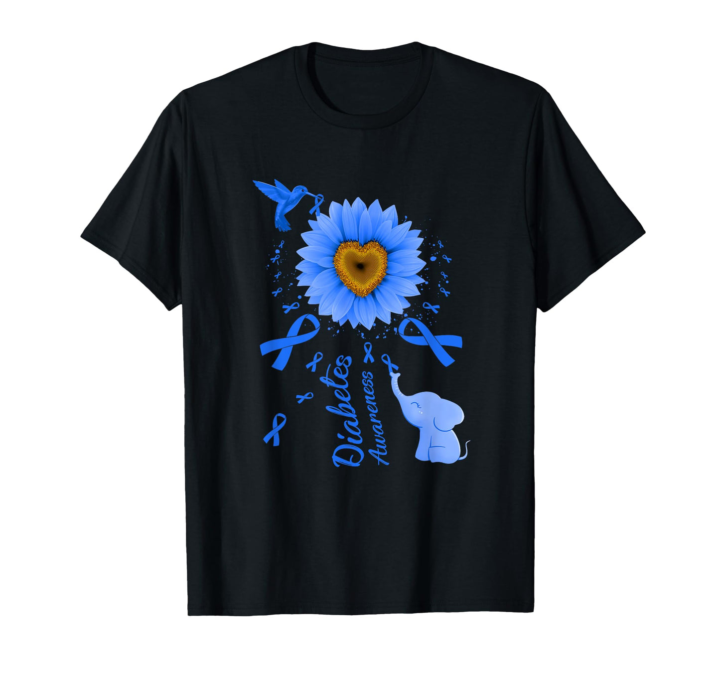 Sunflower Hummingbird Elephant Diabetes Awareness T-Shirt