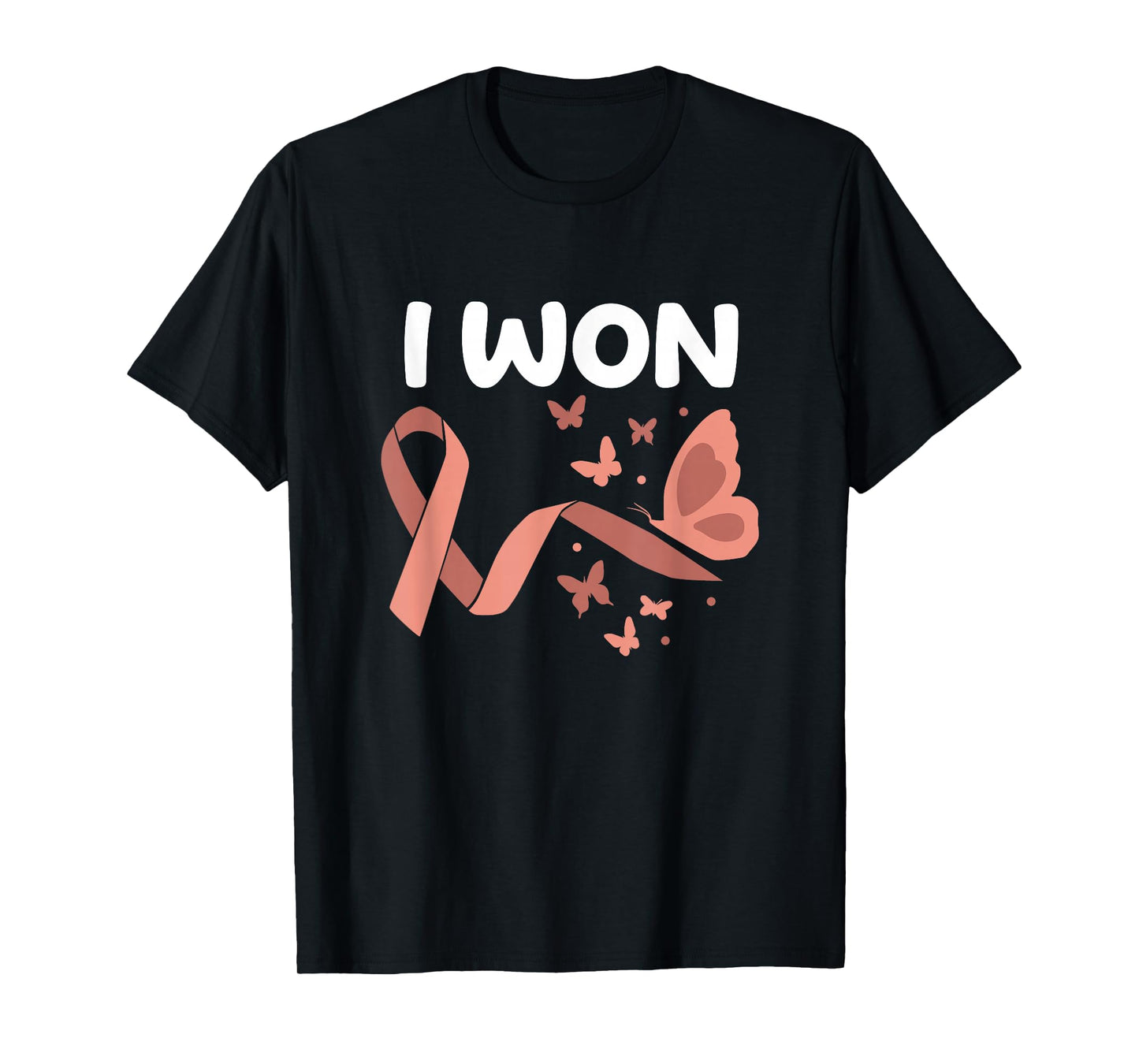 Peach Ribbon For Endometrial Cancer Awareness I Won! Endometrial Cancer Survivor. Butterflies Version Women's Black Cotton Polyester Blend Classic Fit Short Sleeve T-Shirt - Small