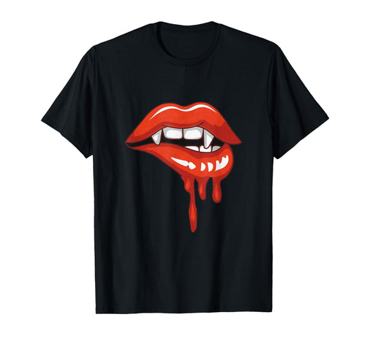 Red Lips Vampire Fangs Teeth Bite Dracula Halloween T-Shirt