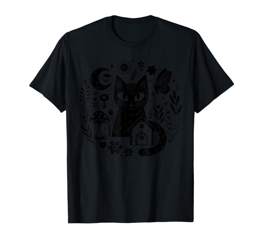 Cute Cat with Flowers Moon Cottagecore Goblincore Mushrooms T-Shirt
